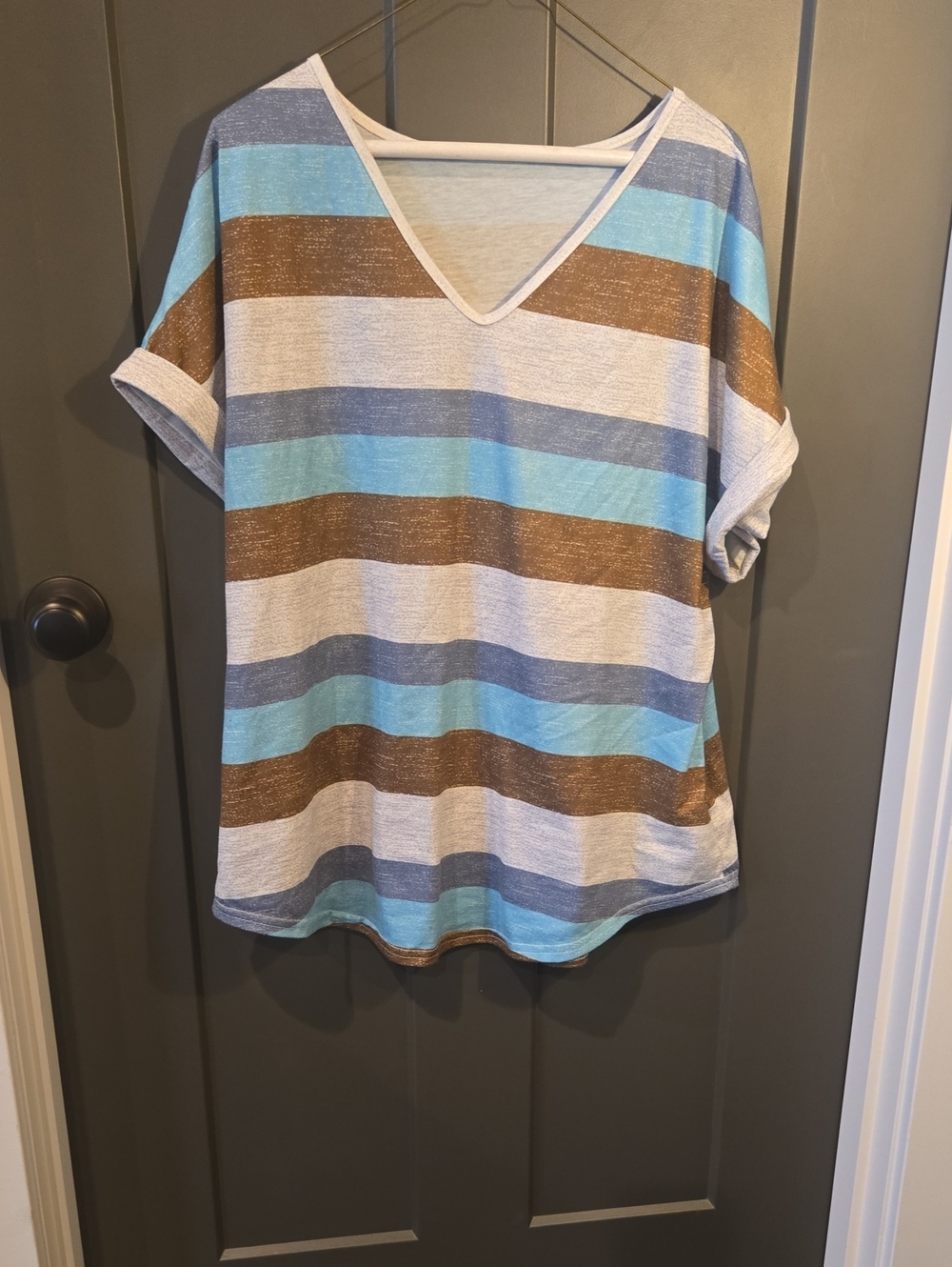 Shein Striped V-Neck Short Sleeve Tee - Blue, Brown, White